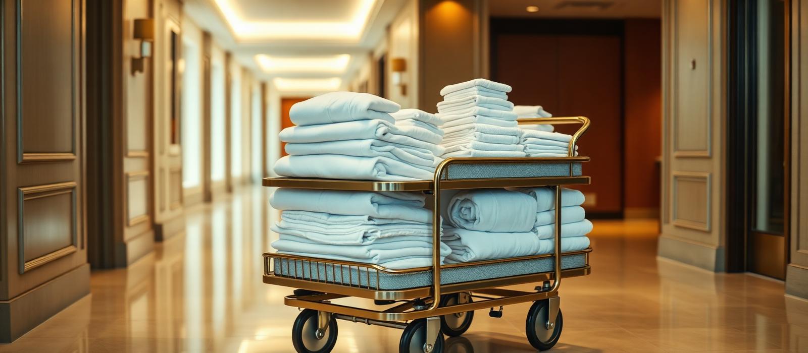 Carro de lencería hotelera con toallas y sábanas